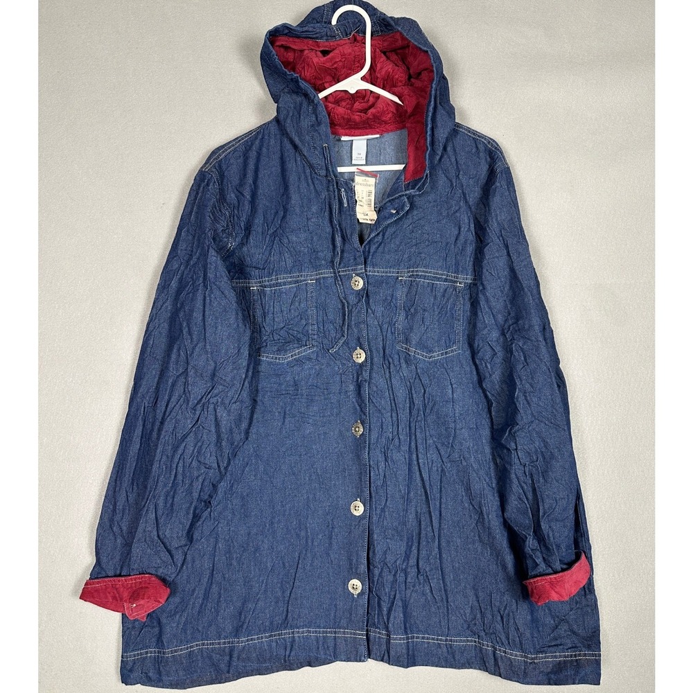 NEW Dressbarn Shirt Jacket Womens 3X Plus Blue Hooded Button Down Long Sleeve